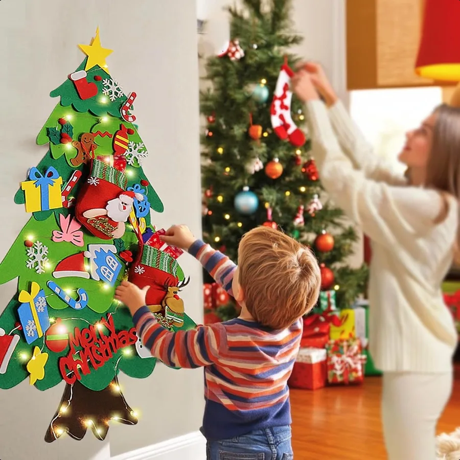 Arbre de noël en feutre pour tout-petits, avec bas de noël, kit de décorations d'ornements muraux suspendus avec guirlandes lumineuses pour