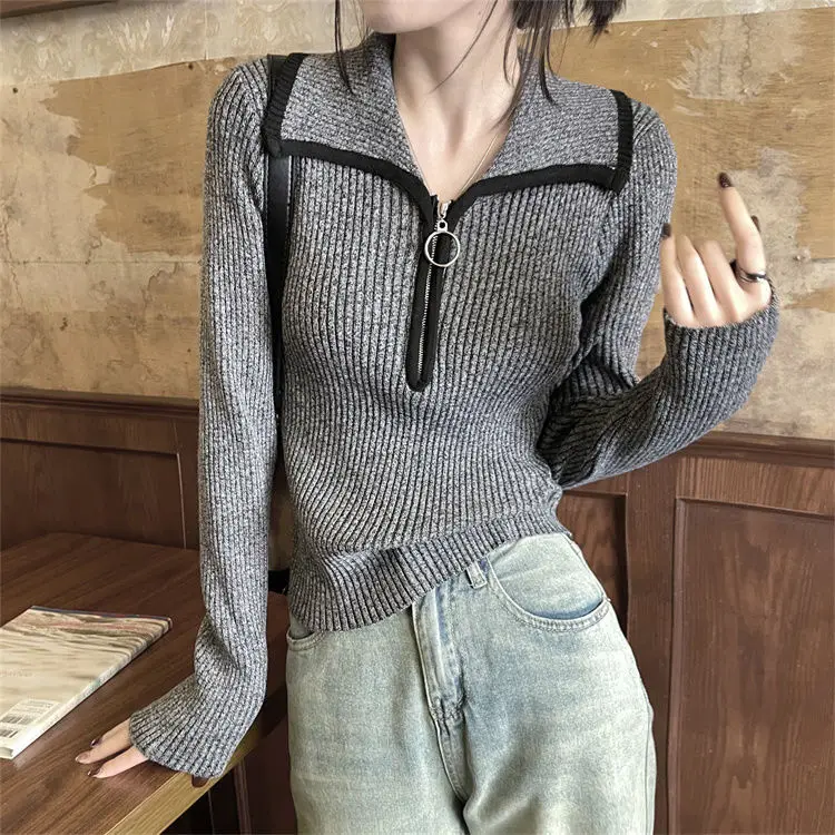 Half Zip Lapel Knit Sweater For Women\'s Spring New Design Sense, Niche Loose And Slimming Bottom Top Women Knitted Shirt Sweater