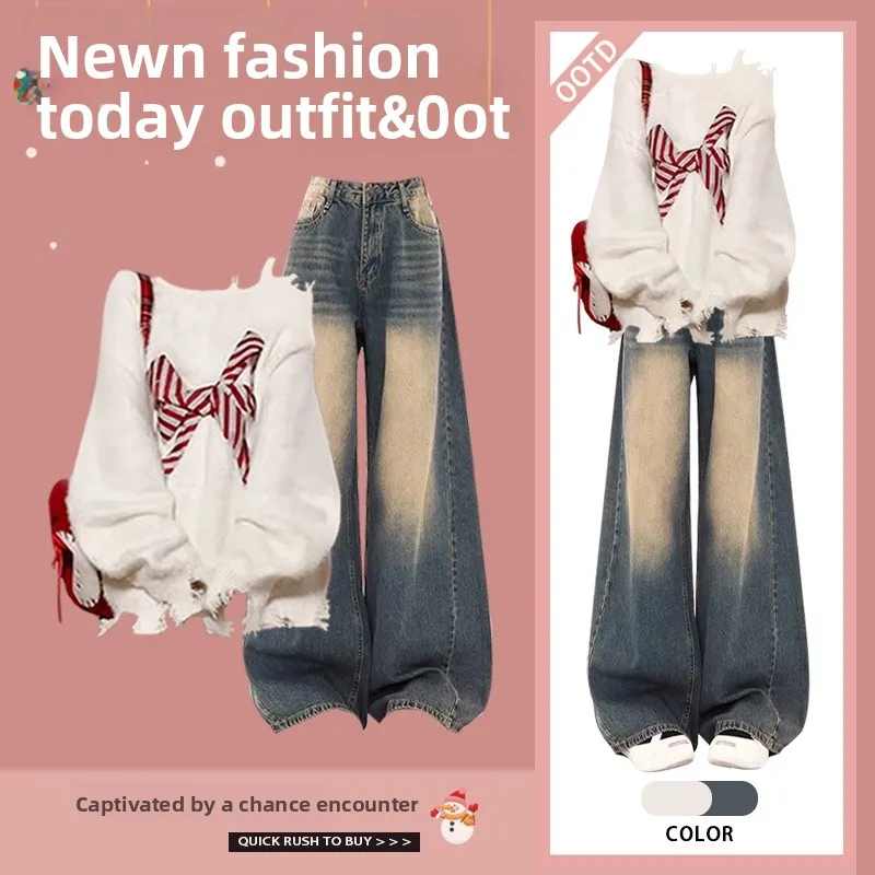 Gebreide trui en losse jeans voor dames met vlinderdas Winter Faion tweedelig pak lang Sve rond Ne katoenmix