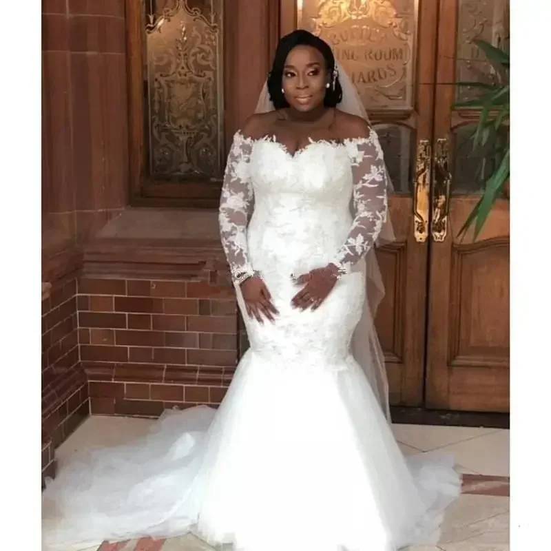 Customized New Arrival Off Shoulder Wedding Dresses African Mermaid Long Sleeves Lace Bridal Gowns Custom Made Vestido De Noiva