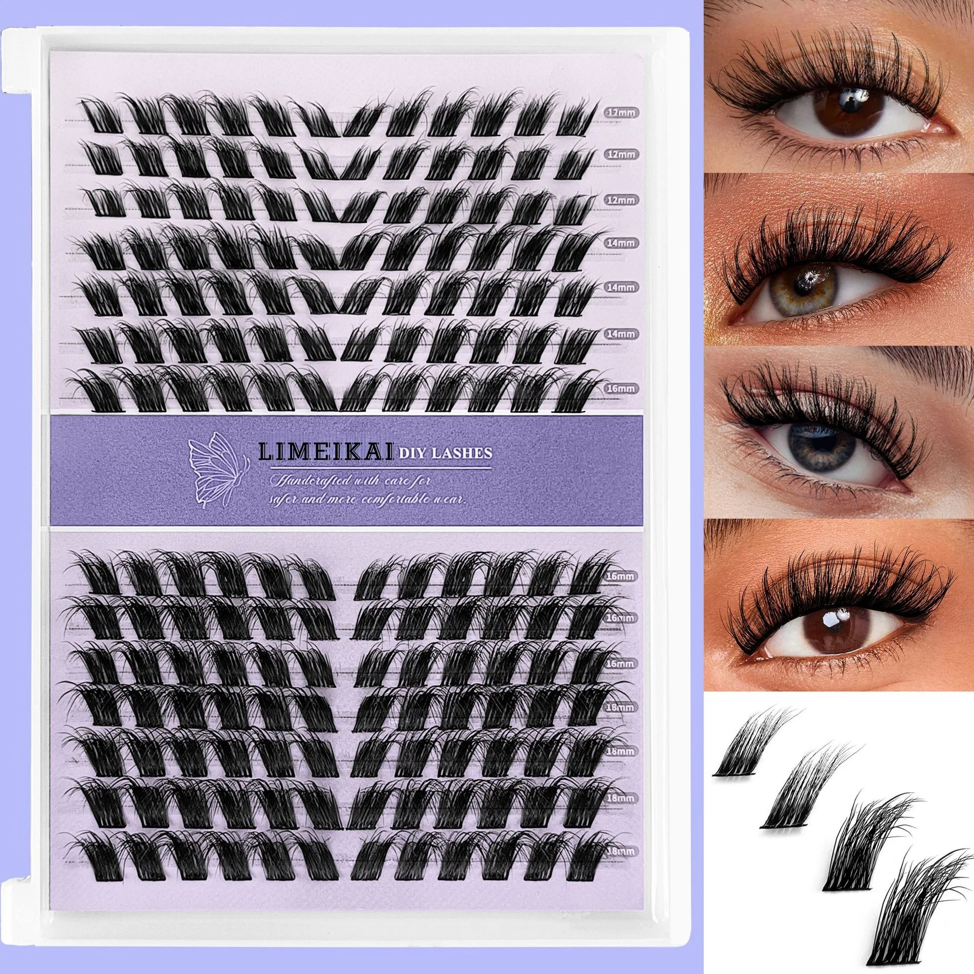 168Pcs C‑Curl Fox Eye Slanted Lash Clusters, Mixed 12‑18mm DIY Individual False Eyelashes, Easy to Apply for Dating, Party, Tra