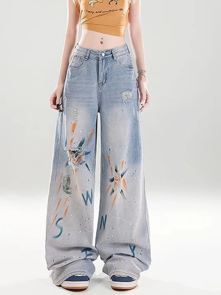 Hole Painted Vintage Jeans Women High Waist Streetwear American Hip Hop Denim Pants Loose Retro Female Pockets Print Trousers