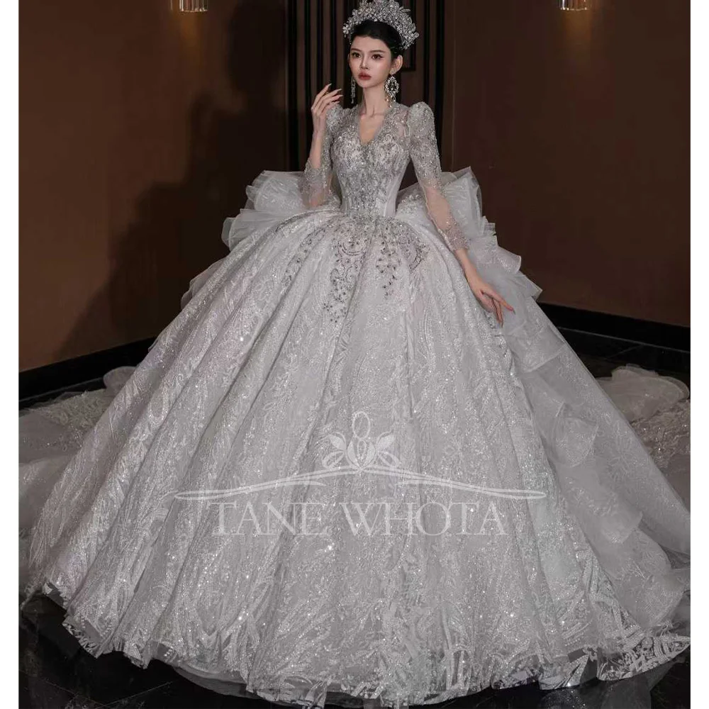 

Luxury V-Neck Wedding Dress Long Sleeves Lace Up Keyhole Back Embroidered Sequined Beading Customizable Encaje Vestido De Novia