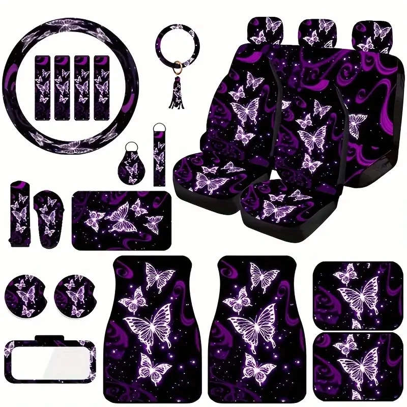 25-piece Purple Butterfly theme Ladies Car Interior Set - breathable seat cover, comfortable steering grip and floor mat - durab