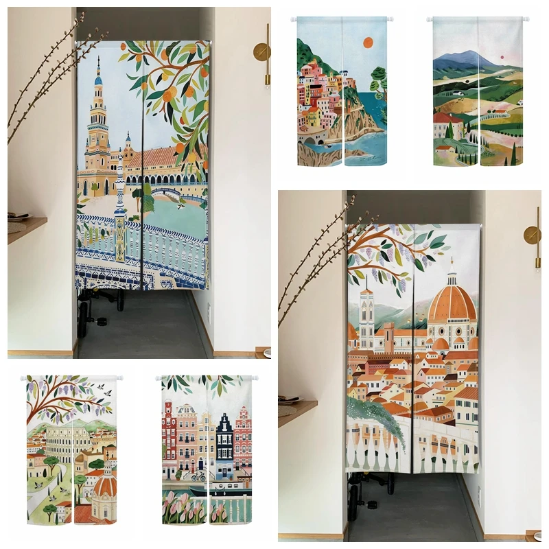 European Landscape Noren Door Curtains Izakaya Dining Room Partition Linen Doorway Curtains Kitchen Entrance Split Half Curtains