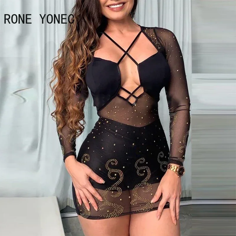 Women Solid Sexy Asymmetrical  Neck Lace Up Hollow Out  Rhinestone Long Sleeves Bodycon Mini Sexy Party Dresses Set