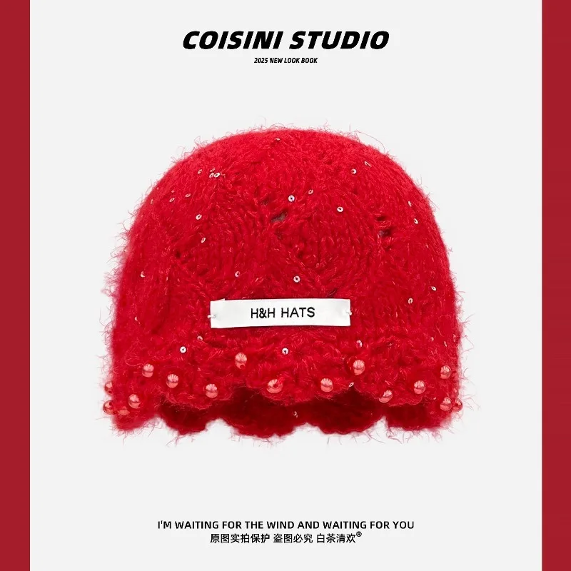 Ins الحلو اللؤلؤ الترتر تصميم بيني ملونة للنساء الخريف والشتاء الدافئة تنوعا موضة عادية بلوفر مغزول القبعات