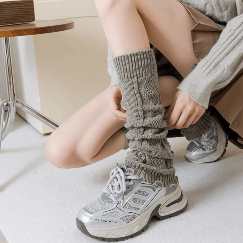 Japanese Style Knitted Knee Socks Vertical Stripe Solid Color Leg Warmers Crochet Design Stacked Foot Cover Socks Winter Season