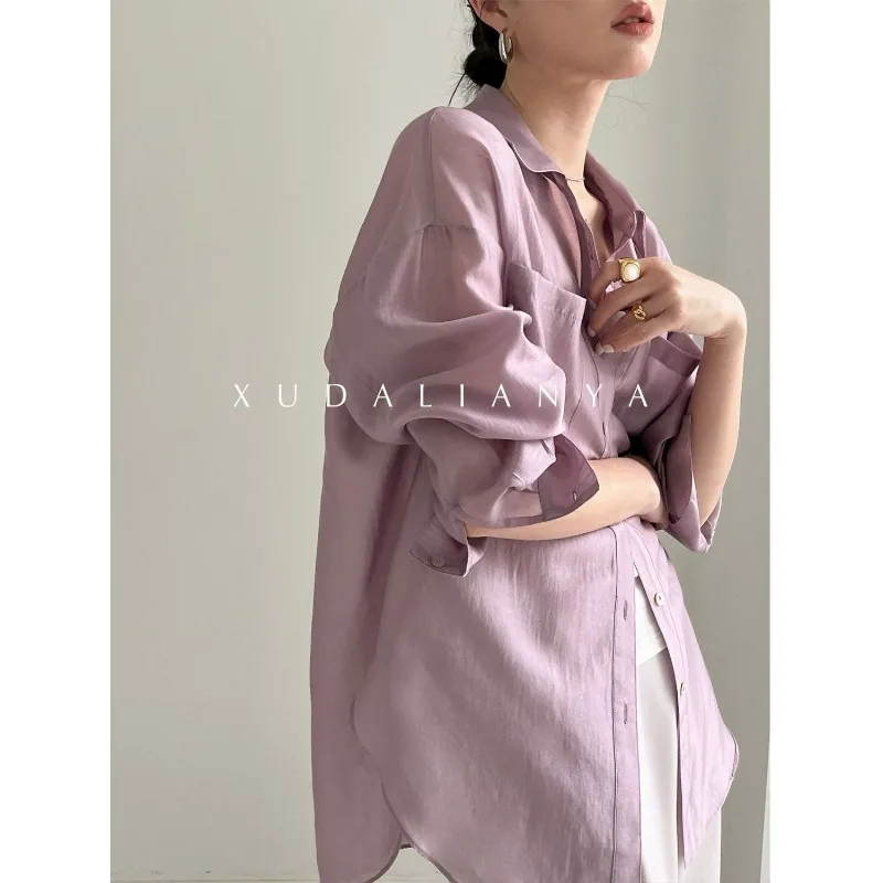 Camisas para mulheres 2025 nova versão coreana outono cor sólida drape camisa de proteção solar jaqueta fina temperamento topos para mulher