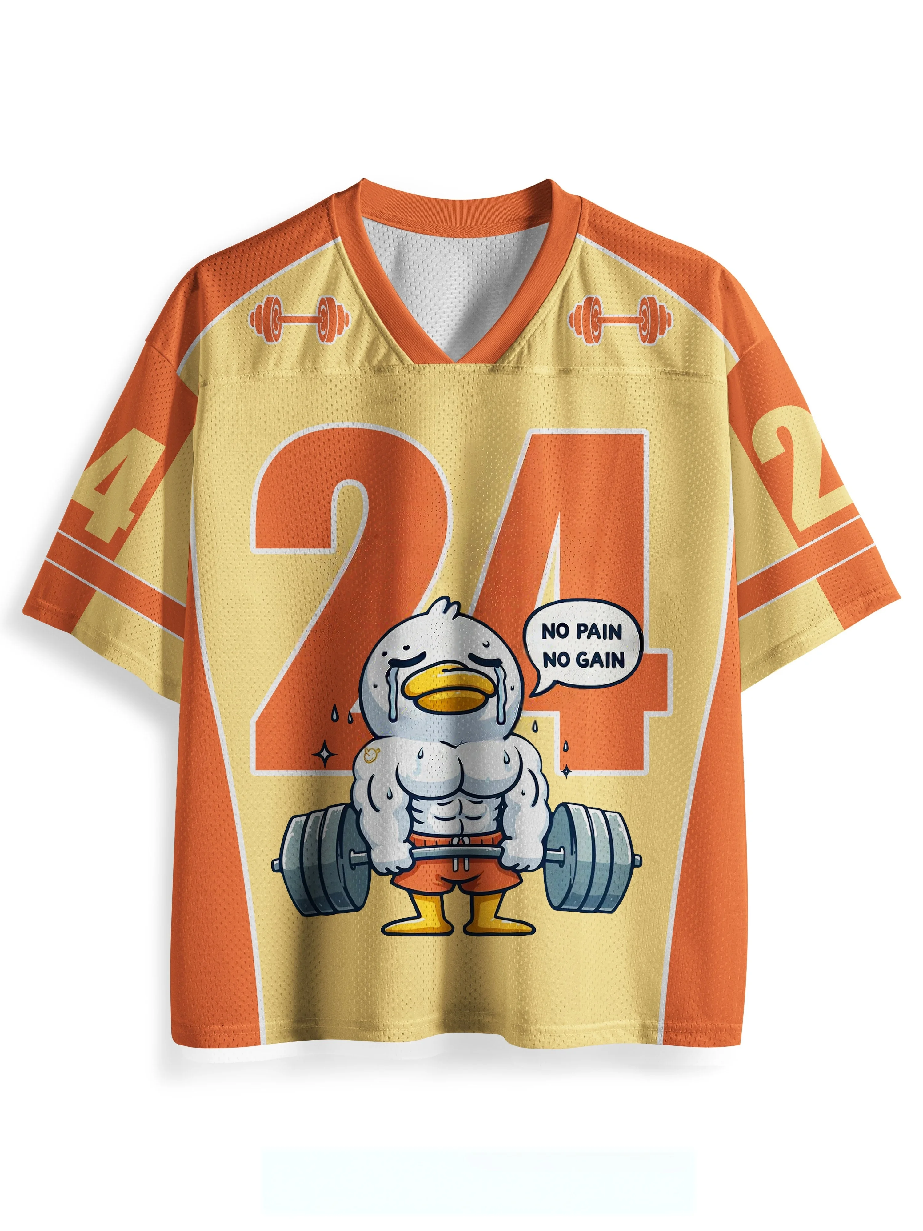Cartoon Sweaty Weightlifting Duck Print Mesh Sports Jersey V Neck Short Sleeve Loose Street Top Men Women Gym Daily Outfit