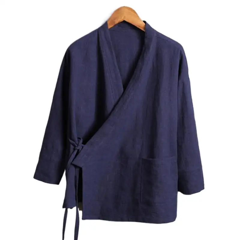 Plus Size M-6XL Pure Color Men\'s Tops 2024 New Cotton Linen Oblique Placket Long Sleeve Linen Hanfu chinese Clothing Kimono
