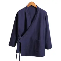 Plus Size M-6XL Pure Color Men's Tops 2024 New Cotton Linen Oblique Placket Long Sleeve Linen Hanfu chinese Clothing  Kimono