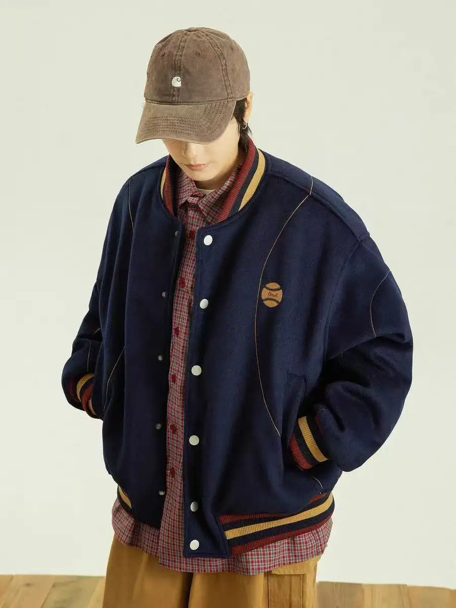 

Winter Thiened Retro Japanese Sle Baseball Coat Men's Loose Fit Woolen Jaet Youthful Trendy Cotton Padded Outerwear