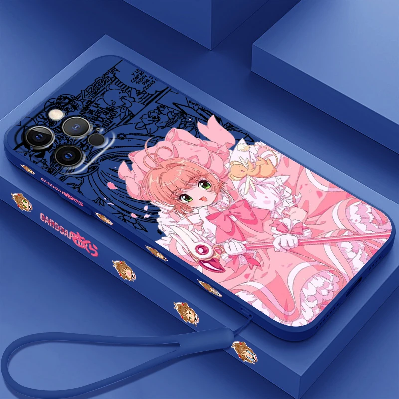 

Japanese Anime Cherry Blossom Liquid Left Rope For Apple iPhone 15 14 13 12 11 XS XR X 8 7 SE Pro Max Plus Mini Cover