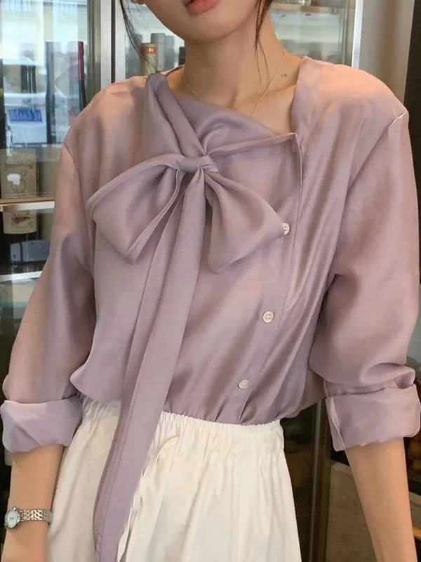 

Romantic Knot Long Sve Women's irt Chic Ele Faionable French Sle Loose Fit Thin Material Daily Wear