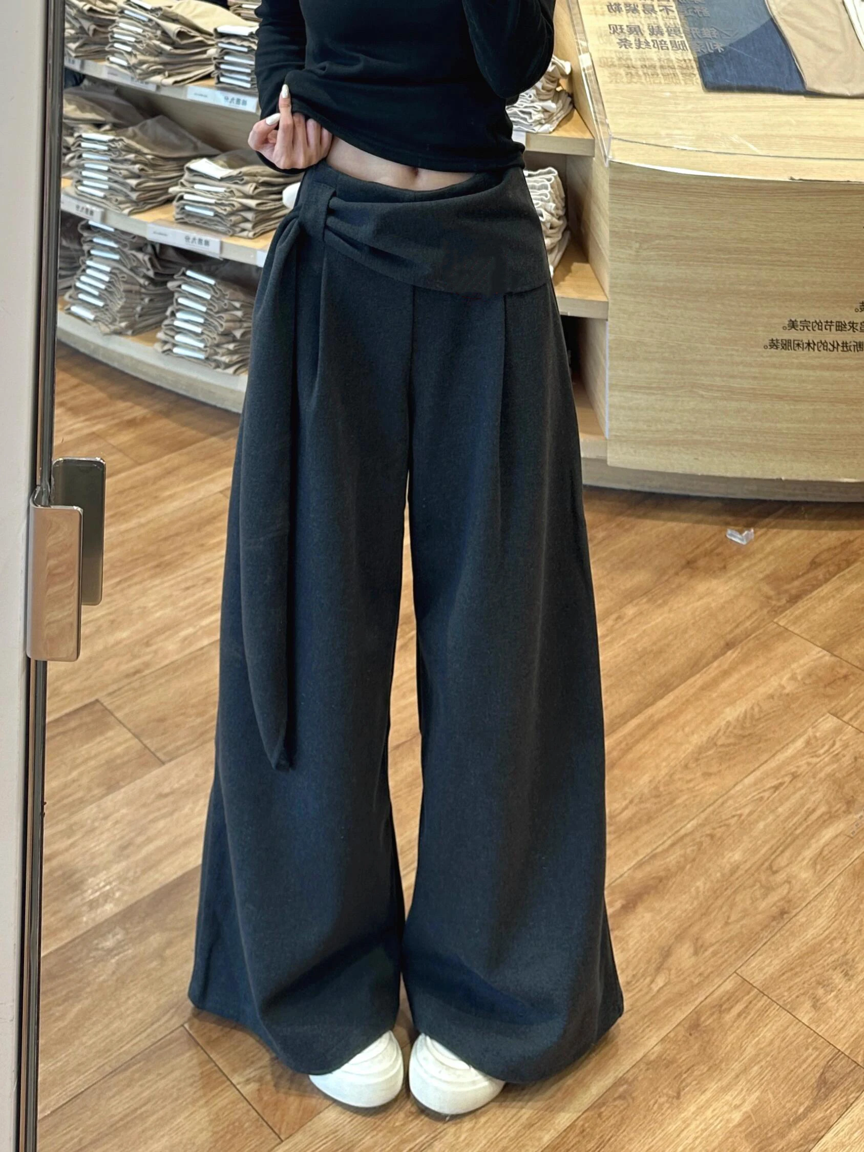 

ay Thiened Woolen Suit Wide Leg Pants Women's Spring Autumn Design Sense Belt High Waist Dra Straight Casual Pants