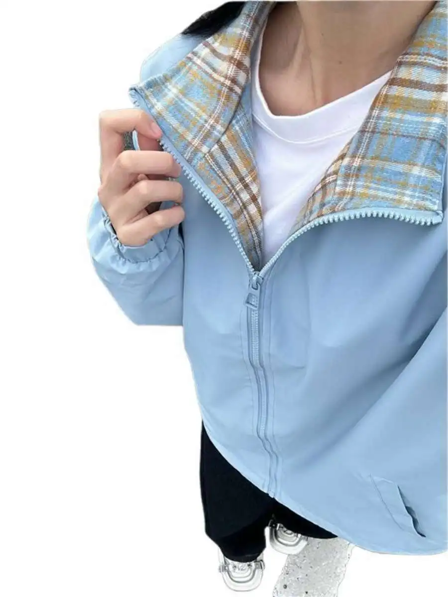 سترة رجالية بنمط البيسبول الأمريكي الكلاسيكي مع نقشة مربعات، ياقة عالية، تصميم فضفاض، مزينة بسحاب، مصنوعة من ألياف الخيزران ل... #2