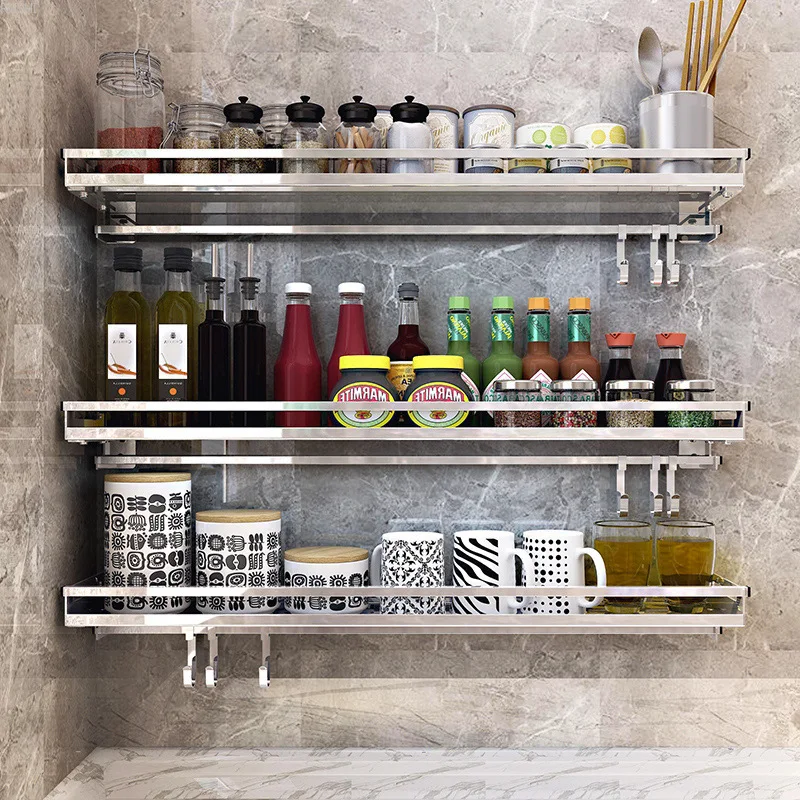 

304 Stainless Steel Kitchen Rack Wall Hanging Type Punch Free Seasoning Frame Save Space Supplies Wall Mounted Kitchen Rack