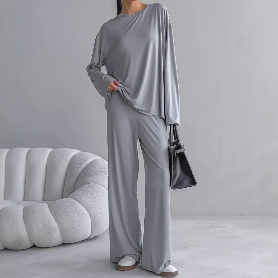 Autumn New Round Neck Long Sleeve Pants Pajama Set for Women, Solid Color Basic Top, Casual Loose Home Clothes Set