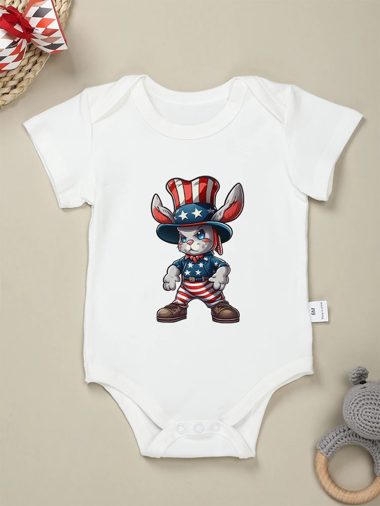 

Usa Harajuku Newborn Boy Bodysuits Cartoon Animal Print 4th of July Independence Day Baby Girl Clothes Onesies Cotton Summer