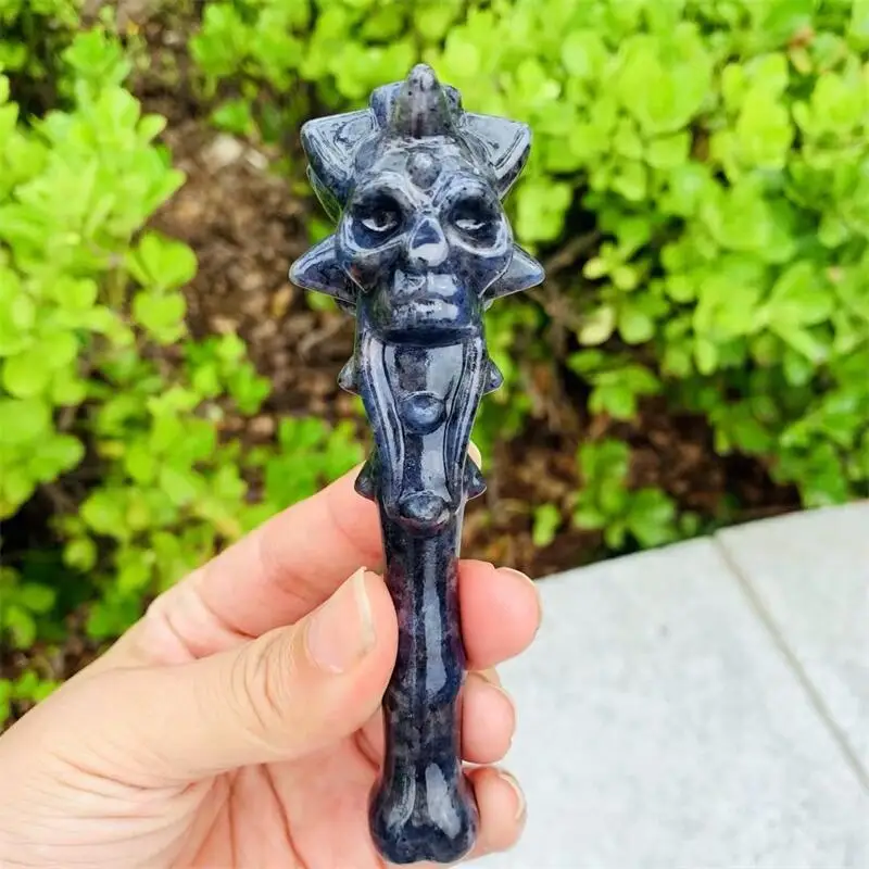 12CM Natural Blue Sodalite Fang Mace Skull Wand Healing Carvings Reiki Sceptre Magician Wand For Home Decoration 1pcs