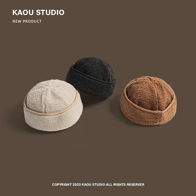 Autumn and Winter Retro Lamb Plush Curled Beanies Cap for Women Street Trend Versatile American Casual Yuppie Warm Men\'s Hats
