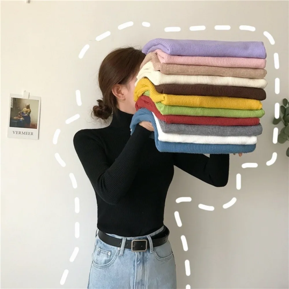 

Модный пуловер, женский водолазка, эластичный однотонный вязаный свитер с длинным рукавом, осенне-зимний свитер, зима