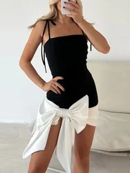 Women Fashion Bow Patchwork Mini Dress Elegant Sleeveless Backless Bodycon Sling Dresses 2024 Lady Chic Street Party Robes