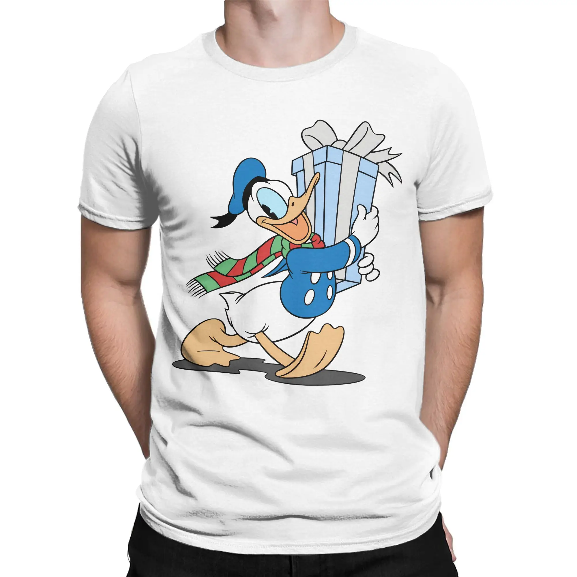 Camiseta navideña de pato Donald de dibujos animados para hombre, camiseta de ocio, camiseta de manga corta con cuello redondo, ropa de regalo de cumpleaños de algodón puro