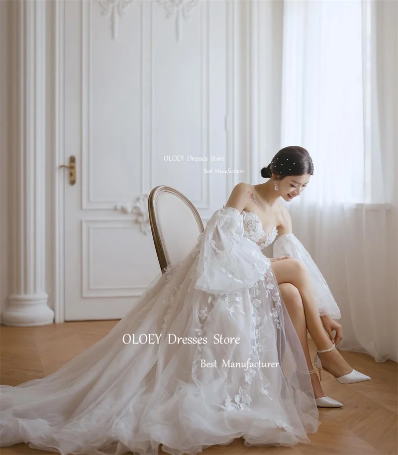 OLOEY Elegant A Line Lace Applique Wedding Dresses Korea Photoshoot Sweetheart Puff Long Sleeves Corset Back Bridal Gowns