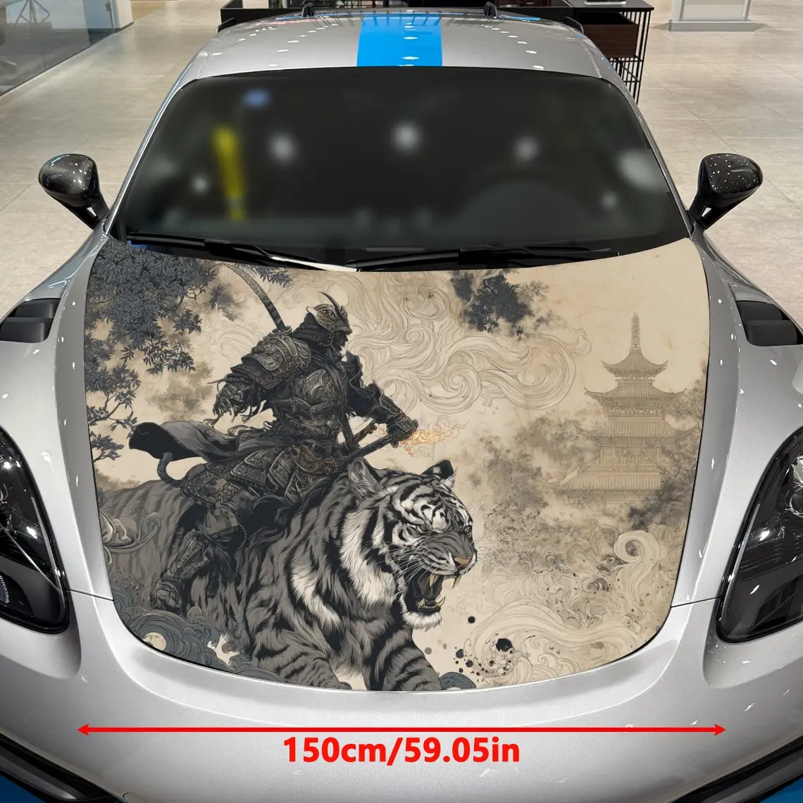Samurai Riding A Tiger Car Hood Decal - PVC Realistic Pattern Design, Universal Fit For General Motors & Racing Cars, Durable Ex
