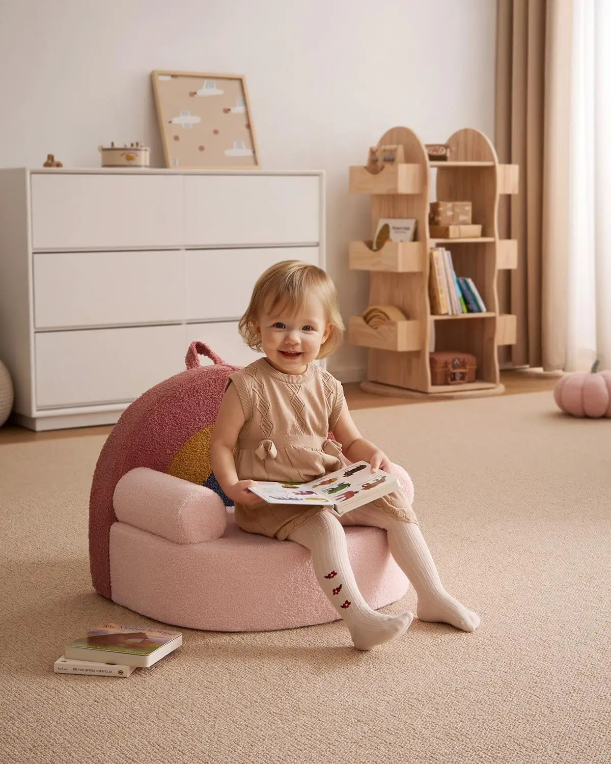 Toddler Chair Comfy, Foam Kids Chair with Soft Teddy Plush, Toddler Reading Chair with Cute Rainbow Designs- Blush Pink