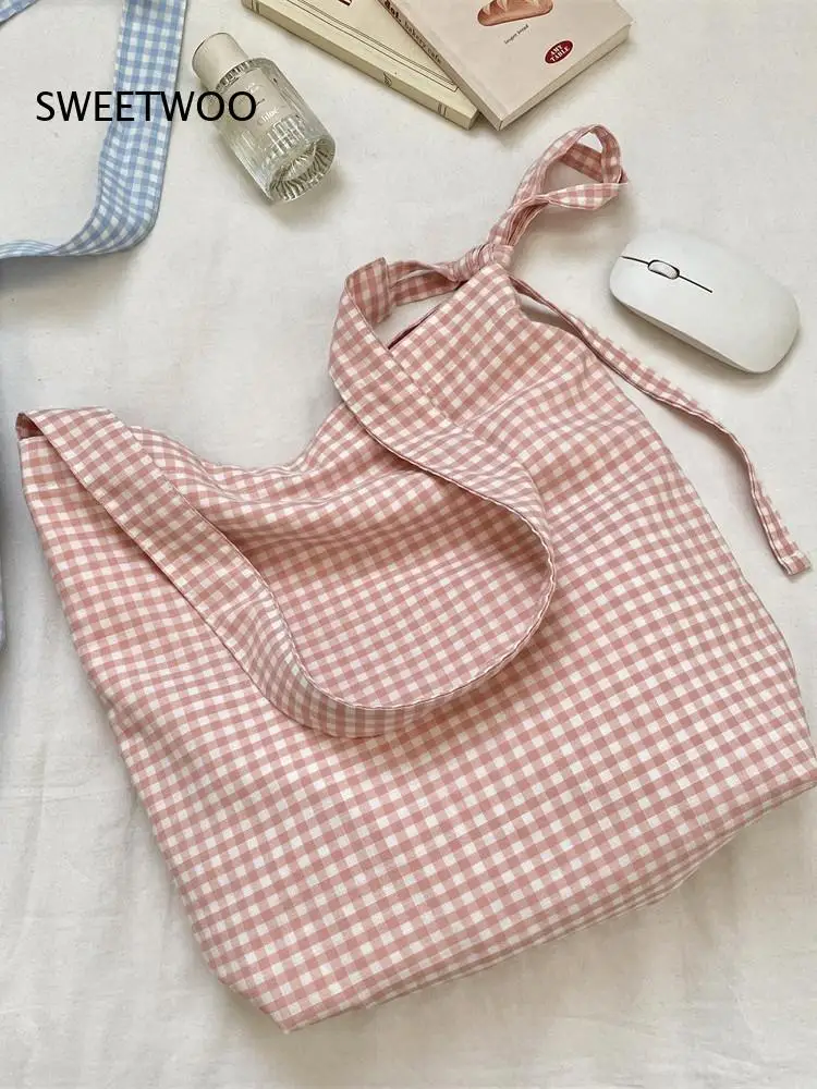 Spring Pastel Grid Polyester Tote Bag Tie Shoulder Strap Dual Use Cross Body Hand Bag Large Capacity Student Storage Women Purse