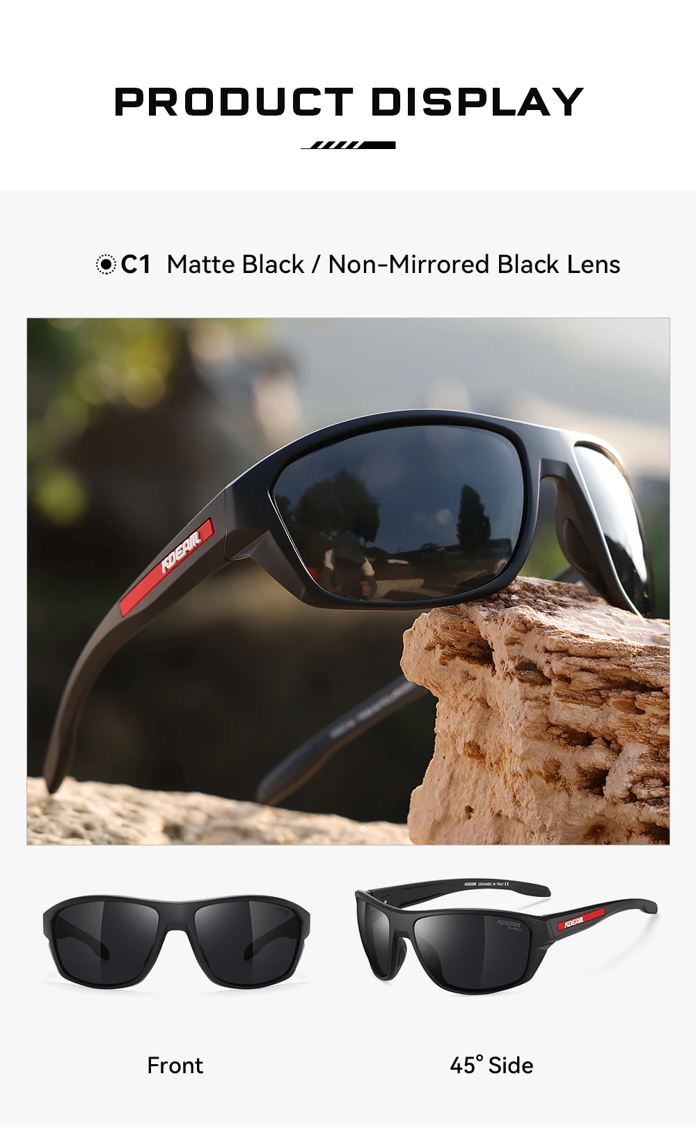 KDEAM Ganz schwarze Angelsonnenbrille, polarisierte Performance-Sport-Sonnenbrille für Herren, TR90 mit Totenkopf-Etui, Kategorie 3 – Detail 1