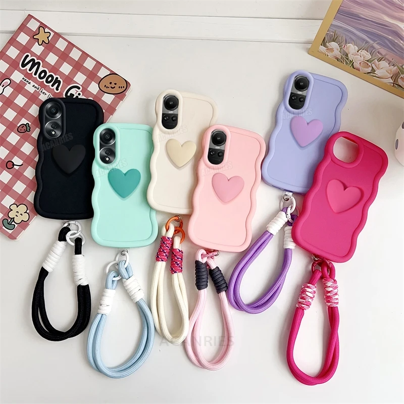 Reno10pro Love Heart Wavy Silicone Case For Oppo Reno 10 Reno10 Pro 6 7 8 Lite A38 A54 A55 A57 A58 A16 Lanyard Wrist Strap Cover