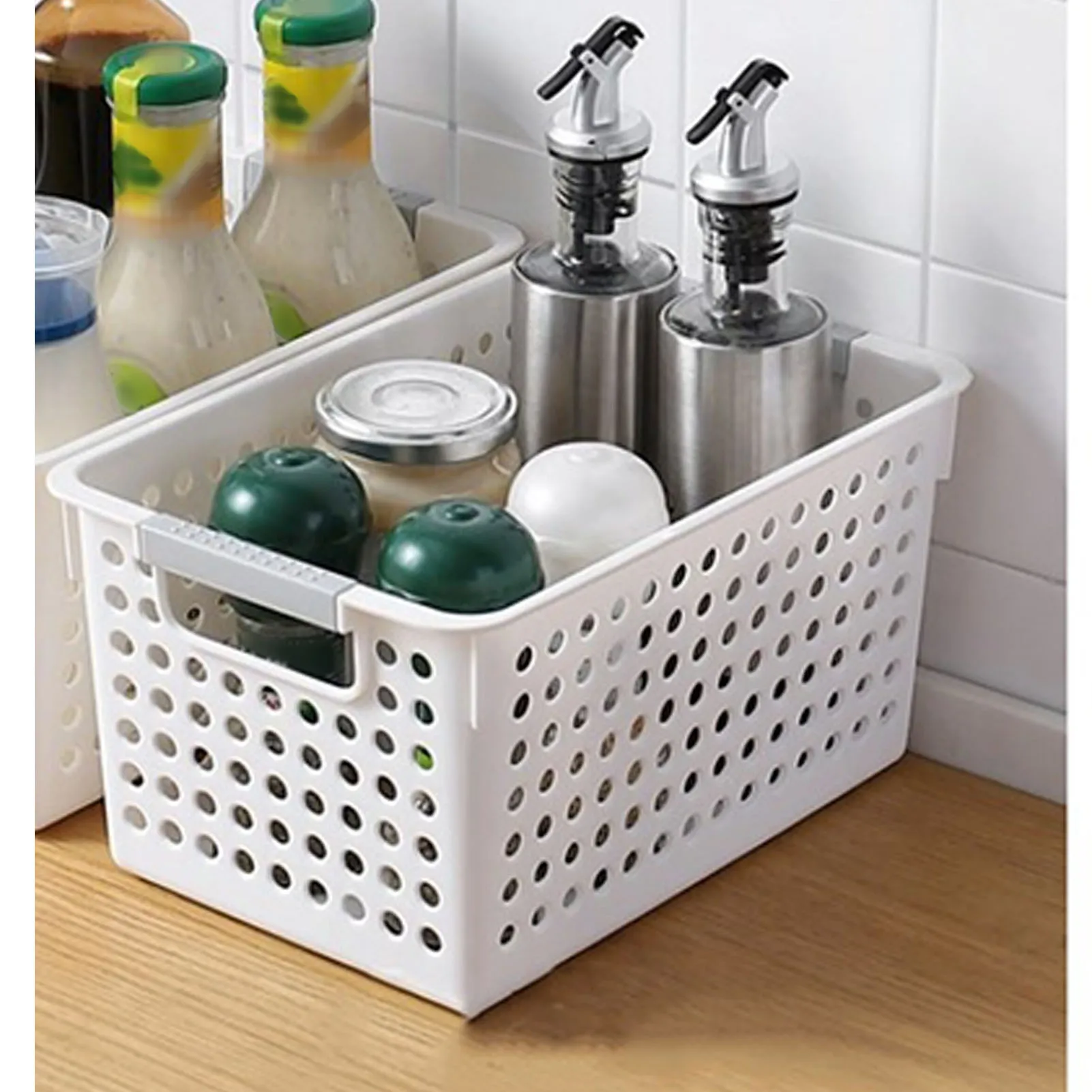 

Desktop Storage Organizer Basket Simple Hollow Breathable Plastic Container with Handle for Toy Stationery Sundries Keeping