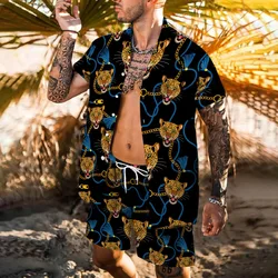 Luxus Leoparden muster Set Herren 2 Stück Shirt Shorts 3D-Druck lose Freizeit Kurzarm Strand hemd Urlaub Mode zweiteilig Set