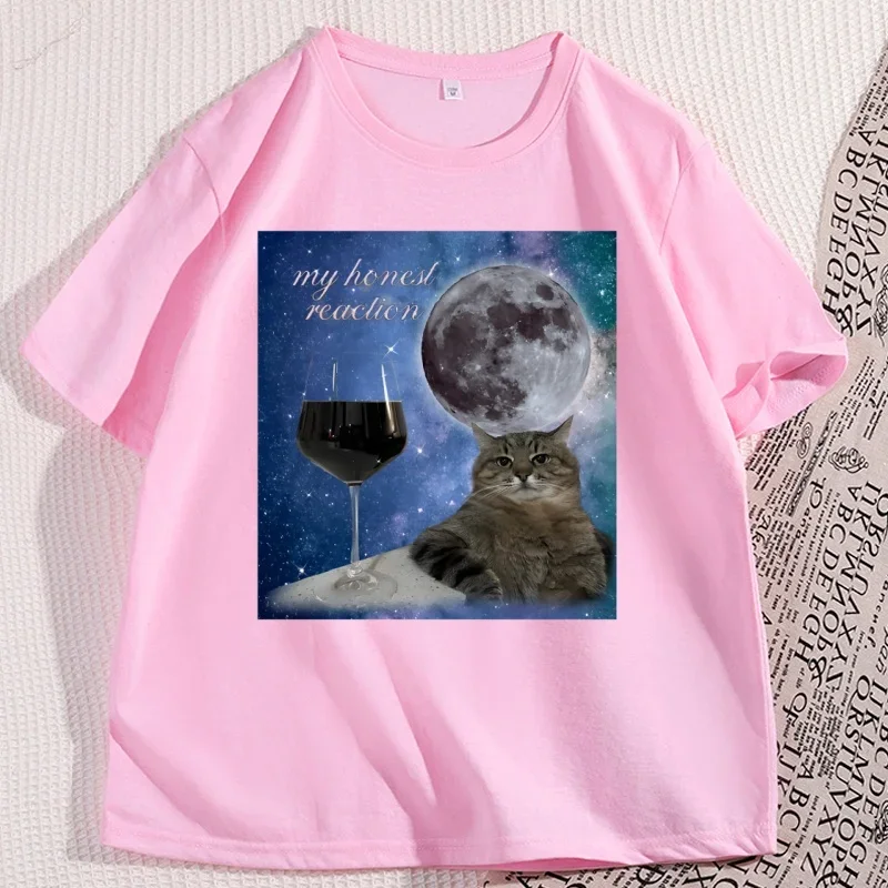مضحك النبيذ القط ميمي سخيفة تي شيرت المرأة الطباعة تي شيرت السببية قصيرة الأكمام فضفاضة الأساسية المحملة الجولة الرقبة بلايز الصيف الشارع الشهير #5