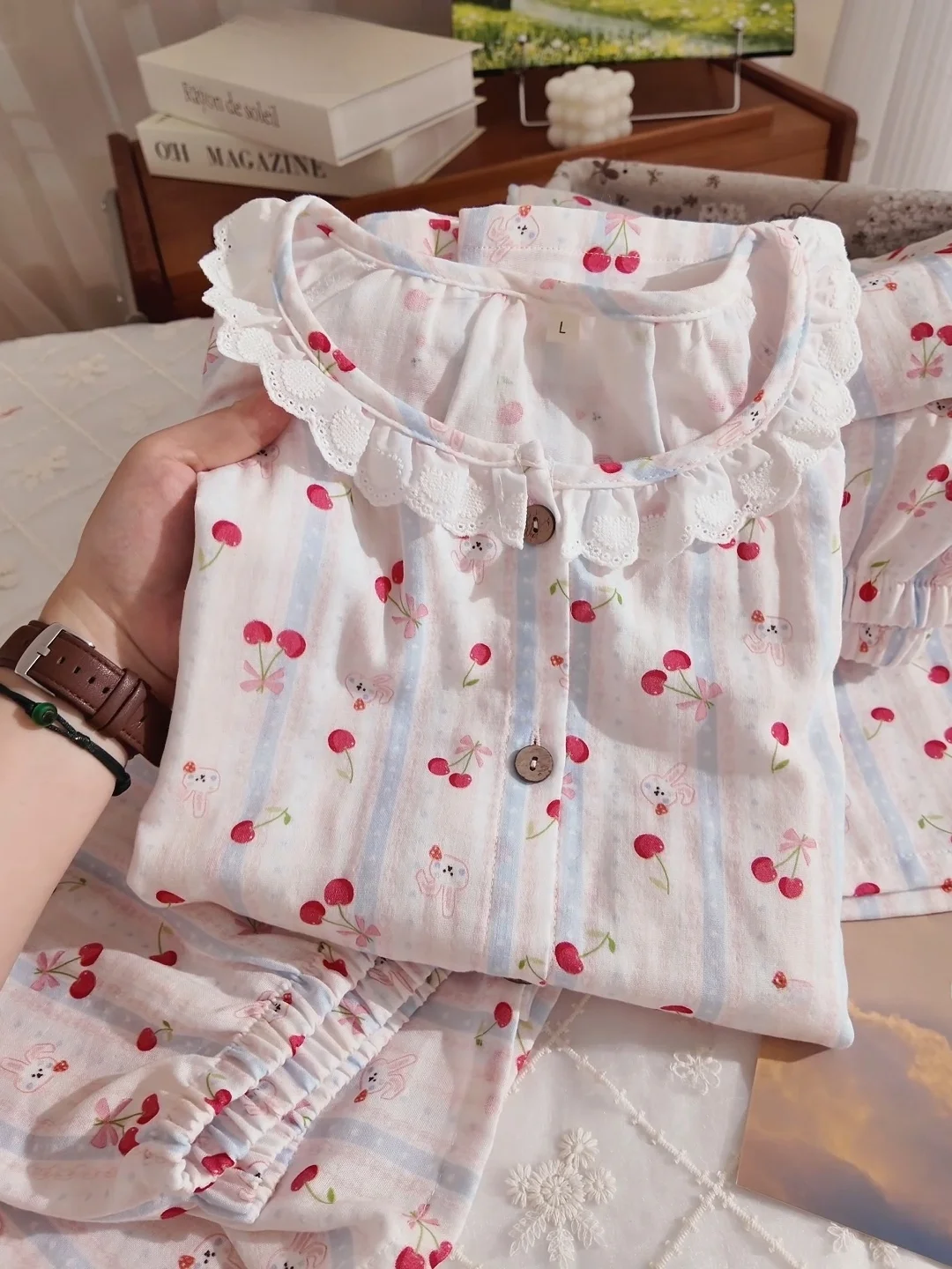夏用ストライプチェリーピュアコットンモスリン寝間着半袖薄手ショートパンツロングパンツ3点セット女性用ホームウェア