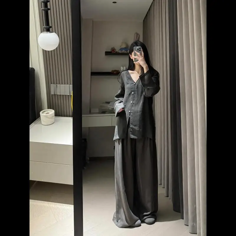 

Корейская версия Instagram стиль высококачественные серые пижамы с длинными рукавами и длинными брюками для женщин весенне-осенний новый комплект домашней одежды