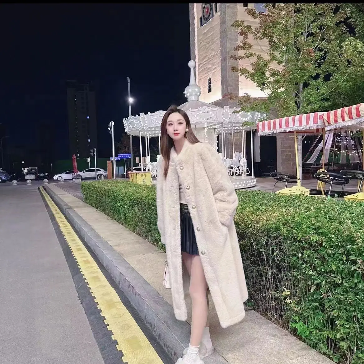 Faux Fur Elegant Coats Womens Golden Round Neck Festival Wife Fashionable Brown Streetwear Pockets Flare Waist Drawstring Down