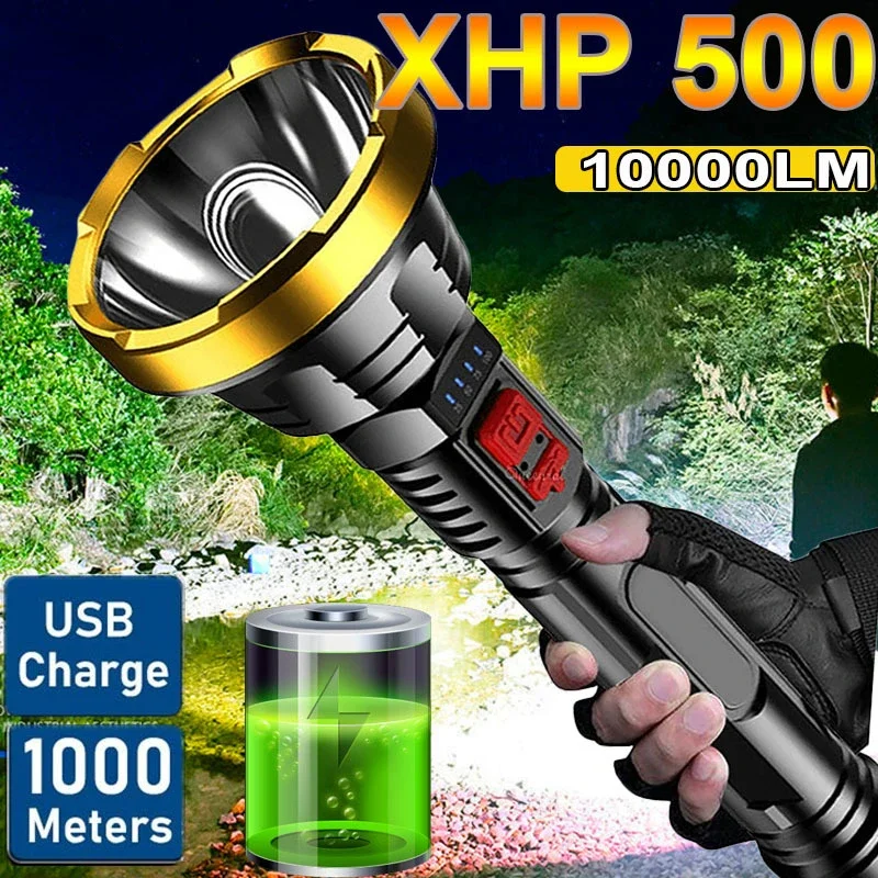 500000LM Powerful LED Flashlight P700 Tactical Flash light Long Range 1000m Torch Waterproof Camping Hand Light USB Rechargeable