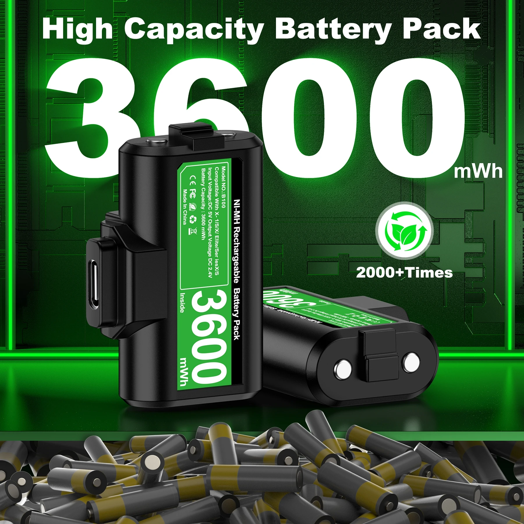 BEBONCOOL B100 2*3600mWh Rechargeable Battery Packs for Xbox Series X/S & Xbox One Xbox One with Charging Cable & Battery Cover