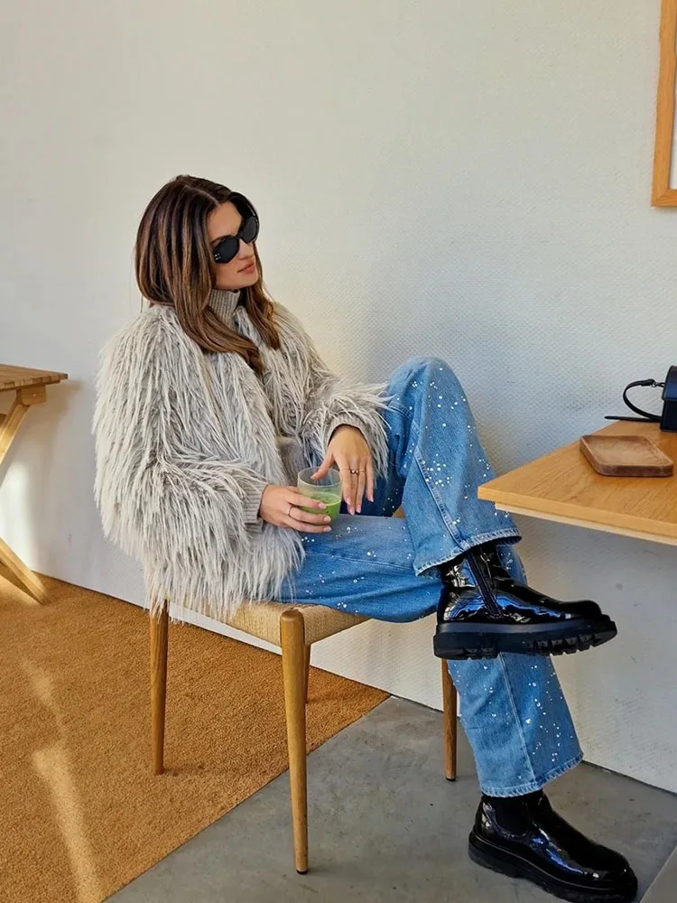 

HH женская мода натуральный искусственный мех однотонное пальто с длинными рукавами зимнее женское пальто с круглым вырезом теплые карманы повседневная свободная верхняя одежда куртка