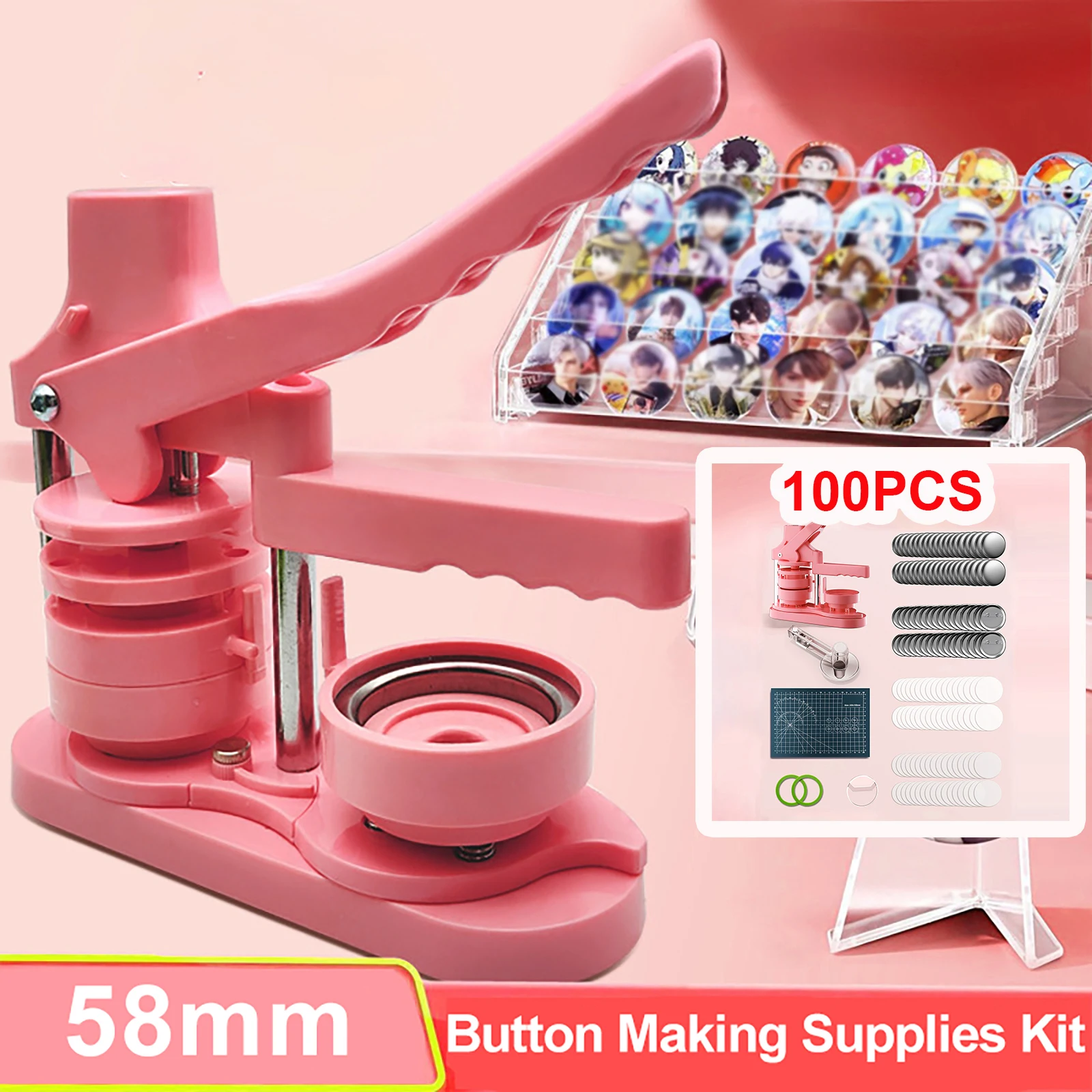 

Набор для изготовления значков 58 мм: вращающийся пресс для значков своими руками, станок для вырубки значков с 100 прозрачными пленками и пустыми заготовками для бумаги