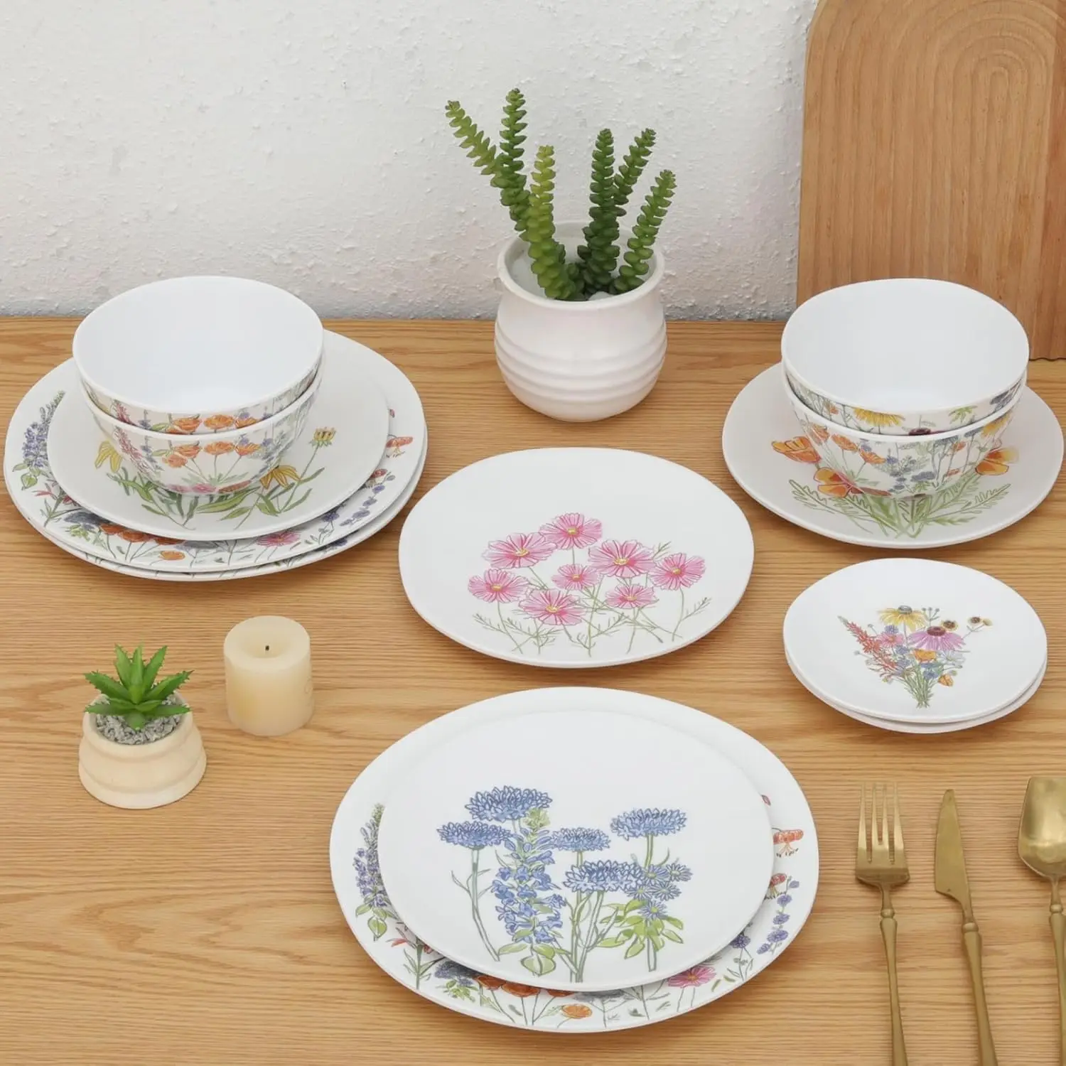 Juego de vajilla floral de melamina, 16 piezas para 4, vajilla para uso interior y exterior, platos y cuencos irrompibles de forma irregular