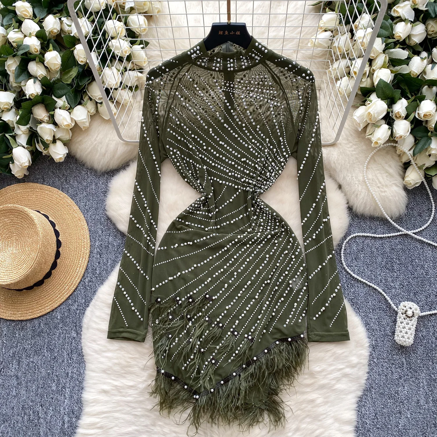 Fashion Long Sleeves Stand Collar Rhinestone Embroidered Beads Slim Mesh Asymmetrical Tassel Evening High Street Autumn Dresses