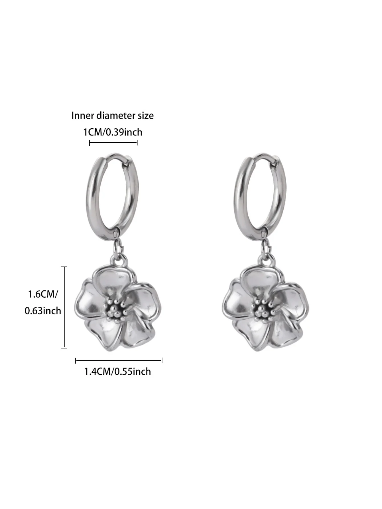 Silberfarbene Edelstahl-Blumen-Ohrringe für Damen, elegante florale Creolen, hängende Ohrringe, Piercing-Schmuck, Geschenk – Detail 5