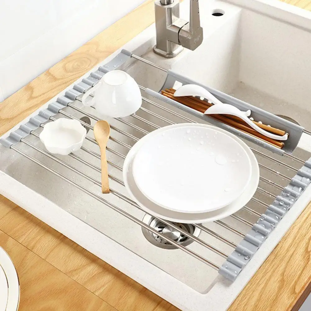 Dish Drying Rack Non-slip Silicone PadHeat-Resistant Roll-Up Drainage Sorting Tray Collapsible Kitchen Sink Utensils Drain Rack