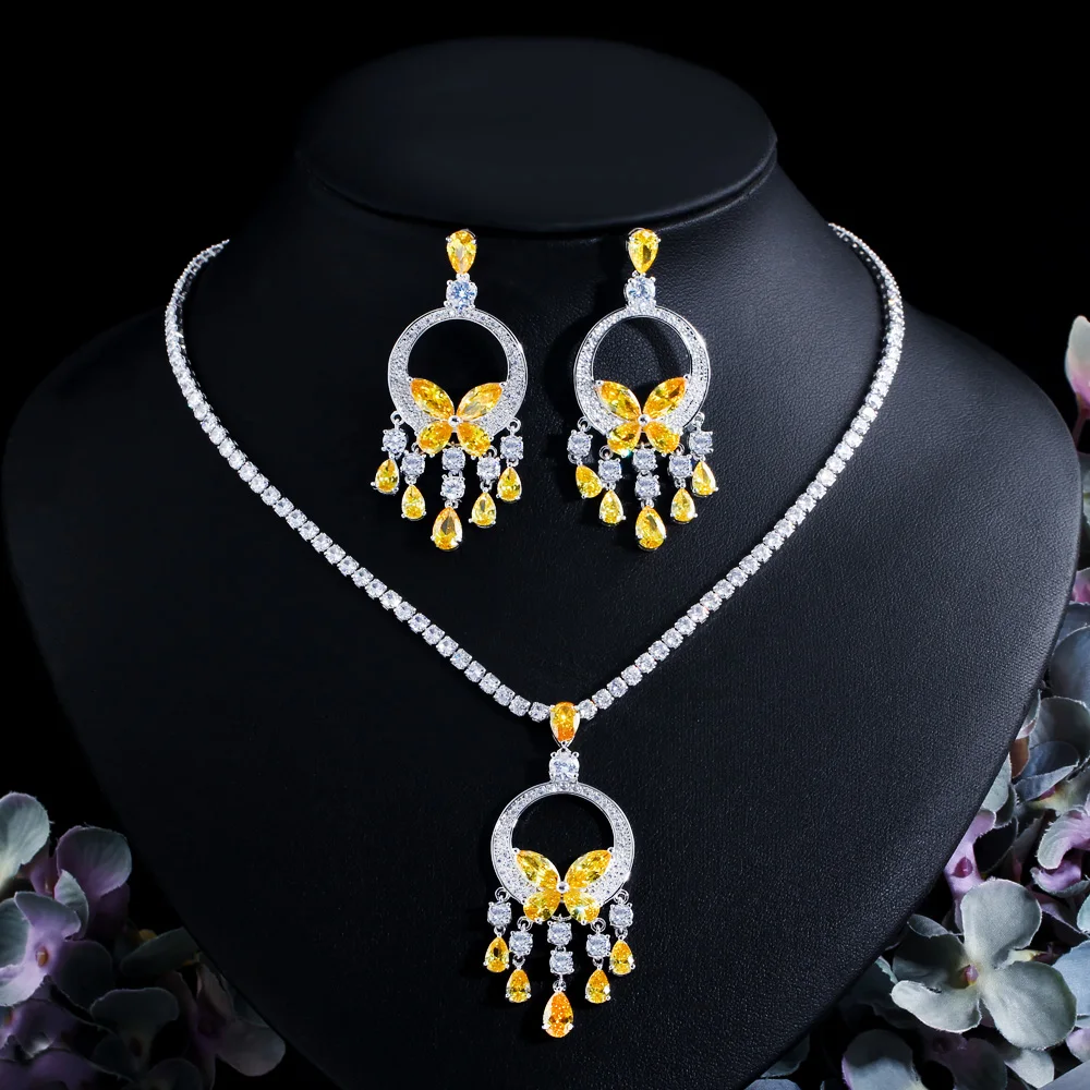 Imagem -06 - Thegraces-amarelo Cubic Zirconia Stone Brincos e Colar Longo Borla para Mulheres Conjunto de Jóias de Festa Nova Moda Tz941